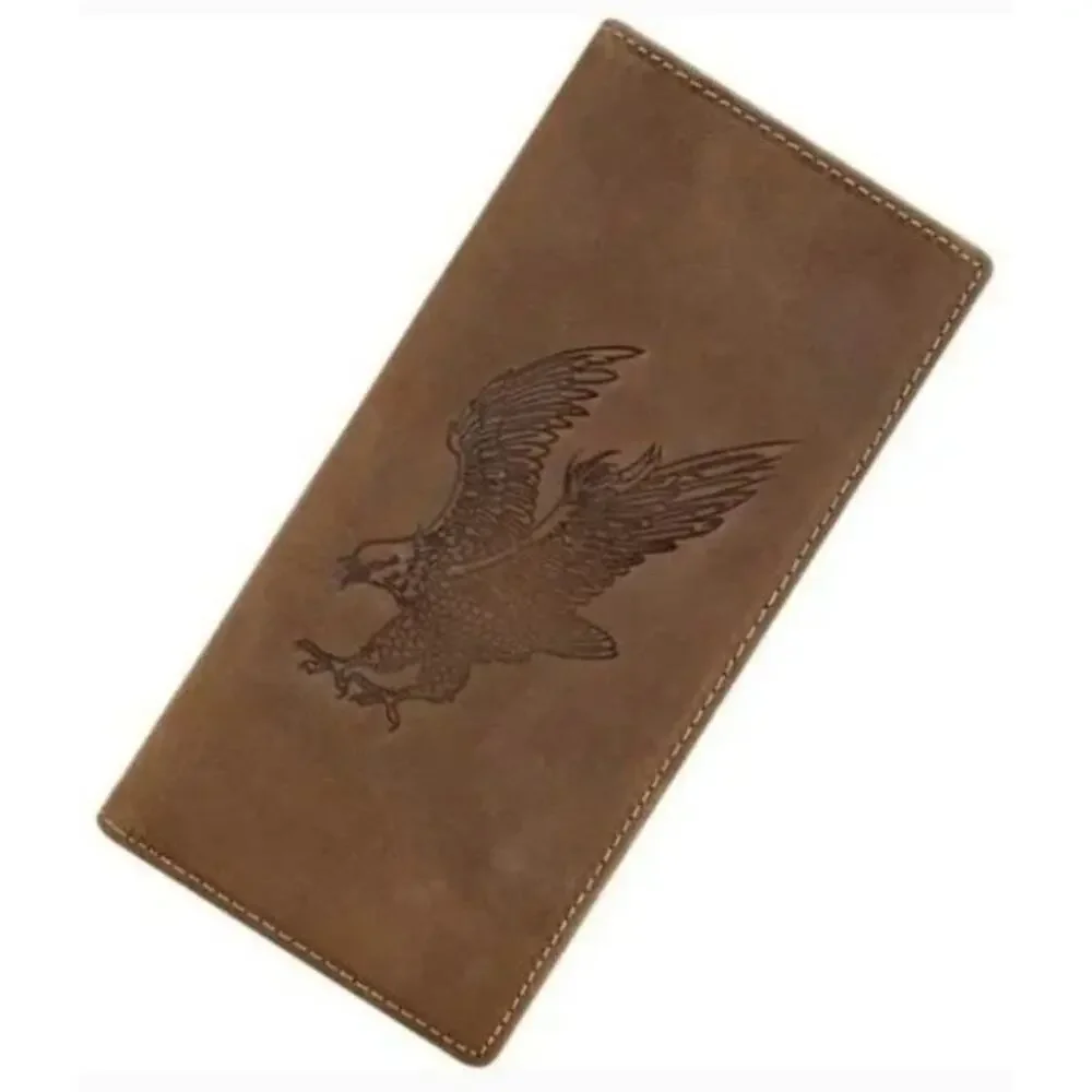 Vintage Brown Leather Long Wallet with Eagle Embossed Design RFID Bifold